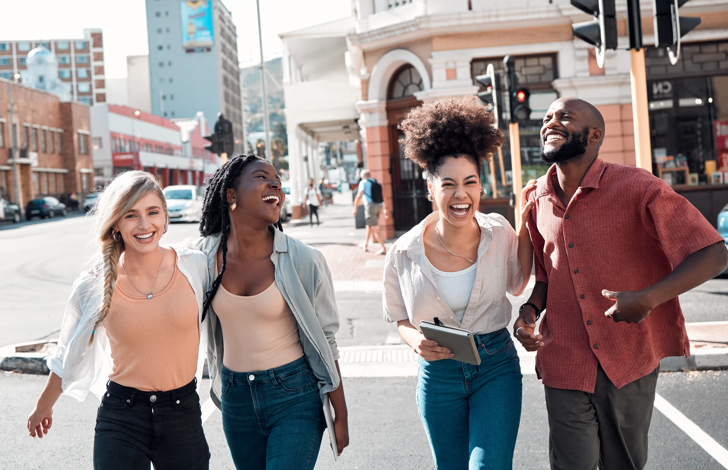 a group of friends walking in downtown in Kentucky